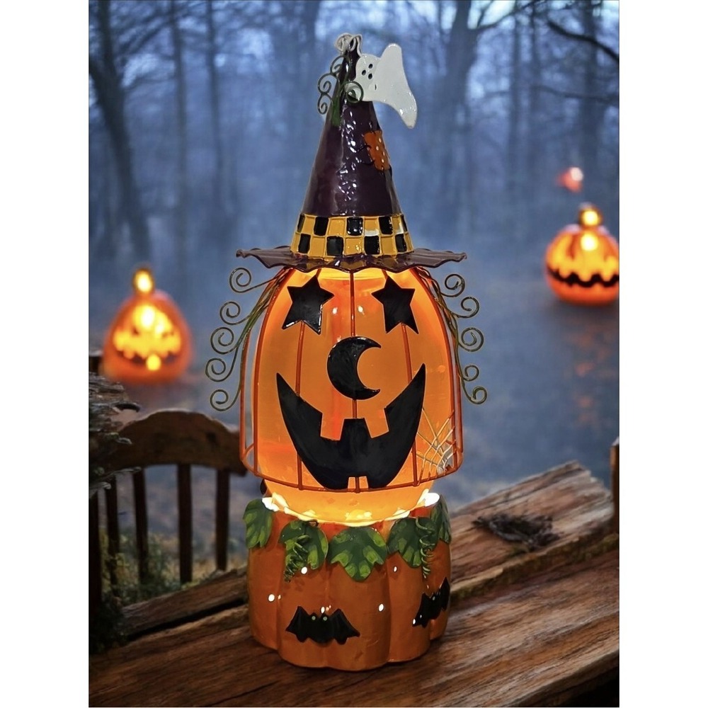 PUMPKIN AQUA GLITTER   LAMP WITCH HAT 14" ELECTRIC HALLOWEEN NEW IN BOX JCPENNEY - Picture 12 of 16